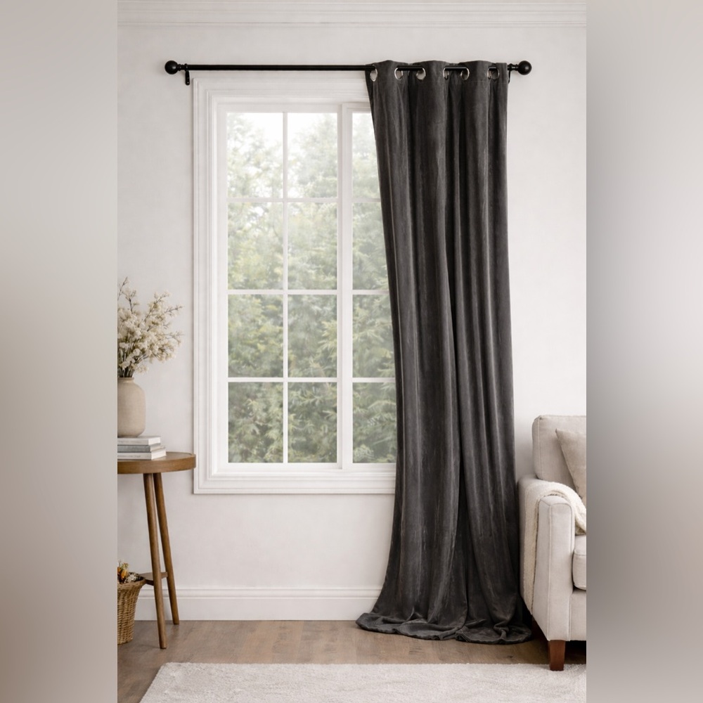 West Elm Gray Cotton Washed Velvet Curtain Panel 48 x 108 inches - Picture 2 of 6